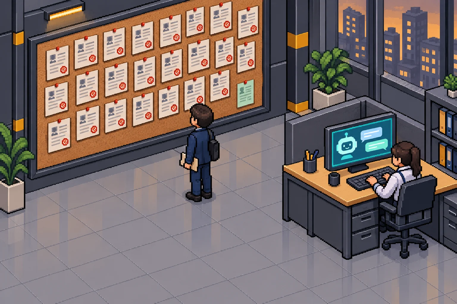 ドット絵：経験年数の表示が付いた求人で埋まった掲示板の前に、履歴書を手にした求職者が立っている。隣の席では経験者の社員が、AIのチャット画面を映したモニターで仕事をしている